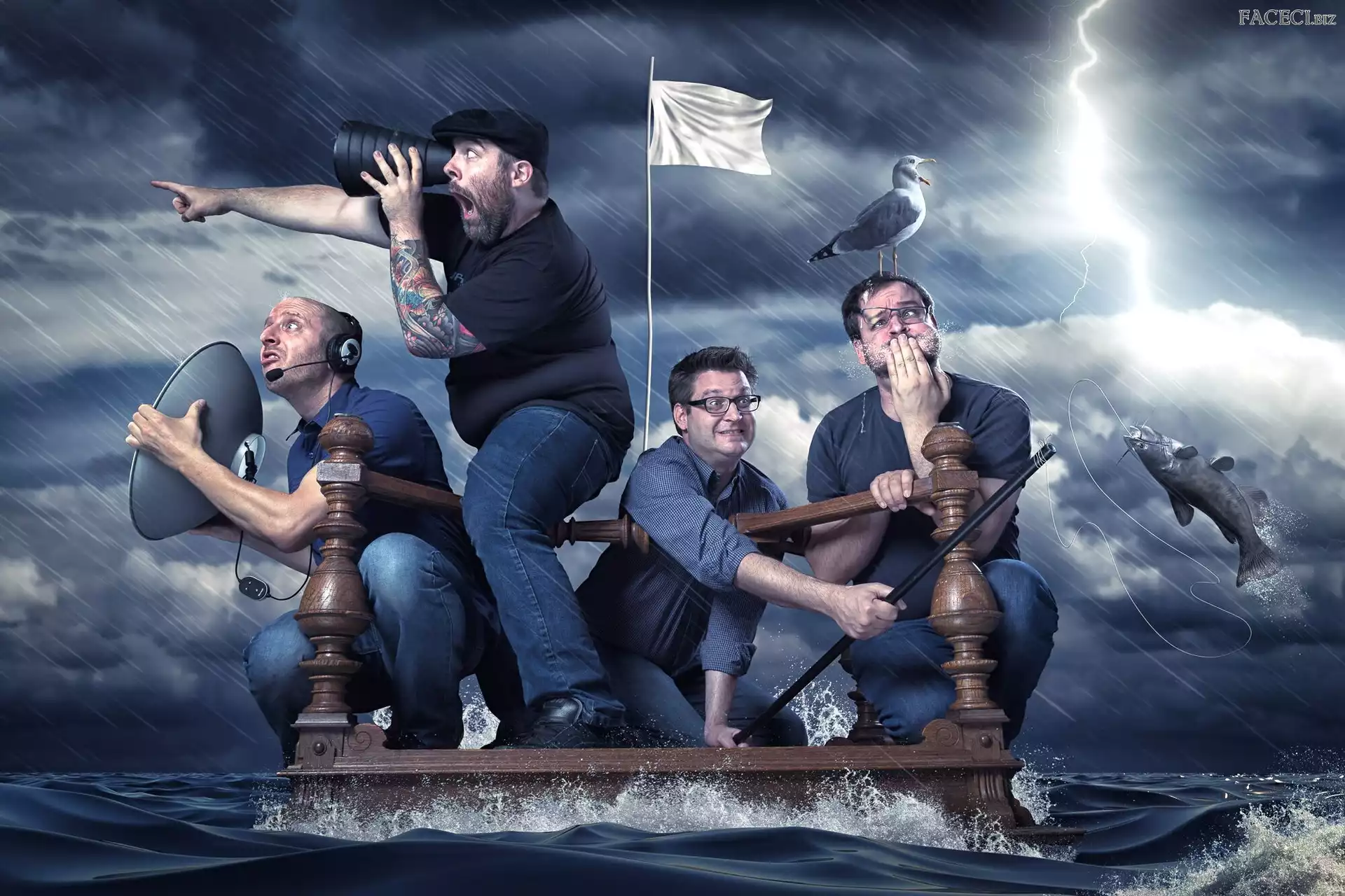 Tratwa, Mebel, Woda, Mężczyźni, Ryba